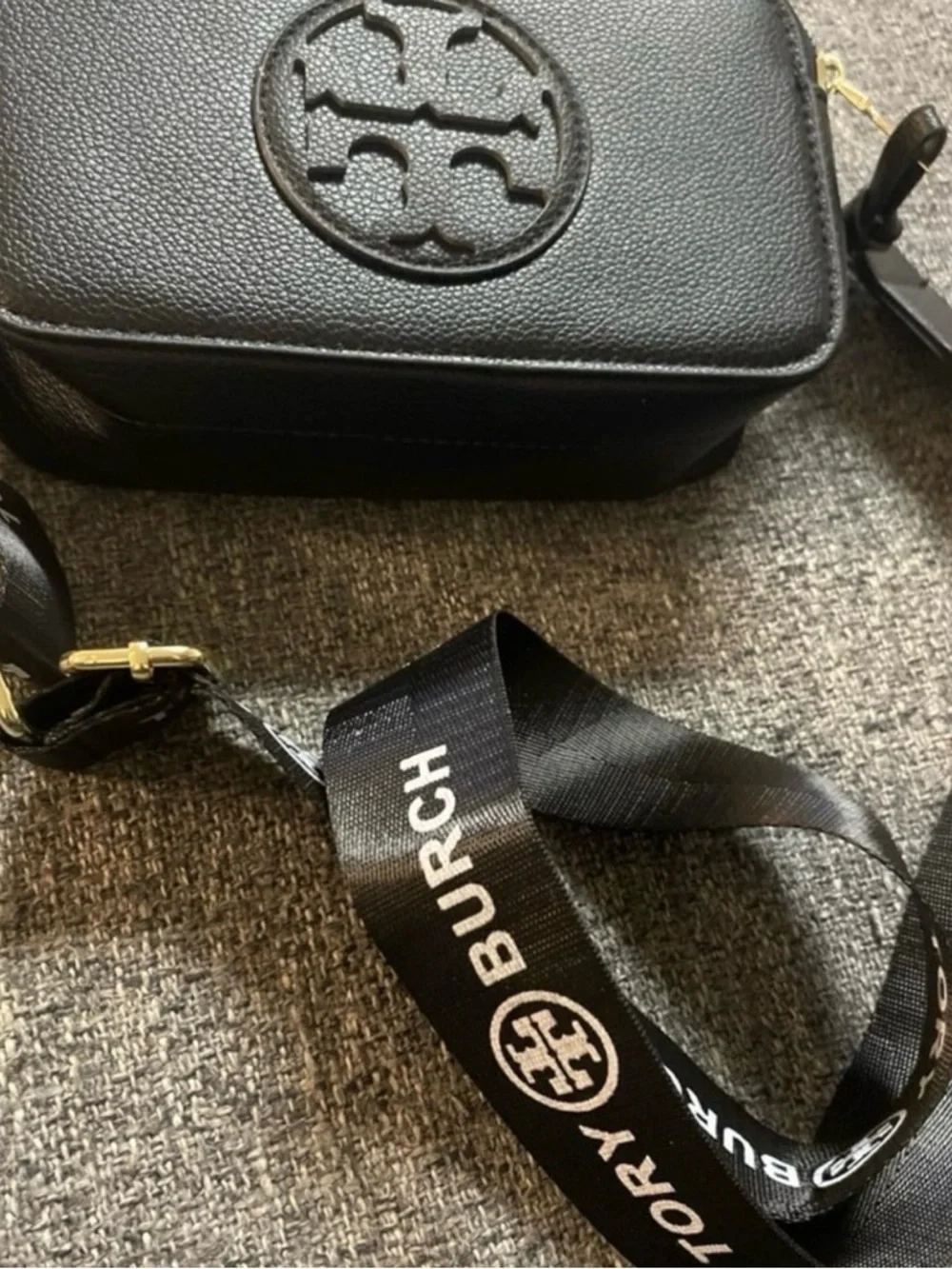 Tory Burch Black Leather Logo Crossbody Bag with Branded Strap
